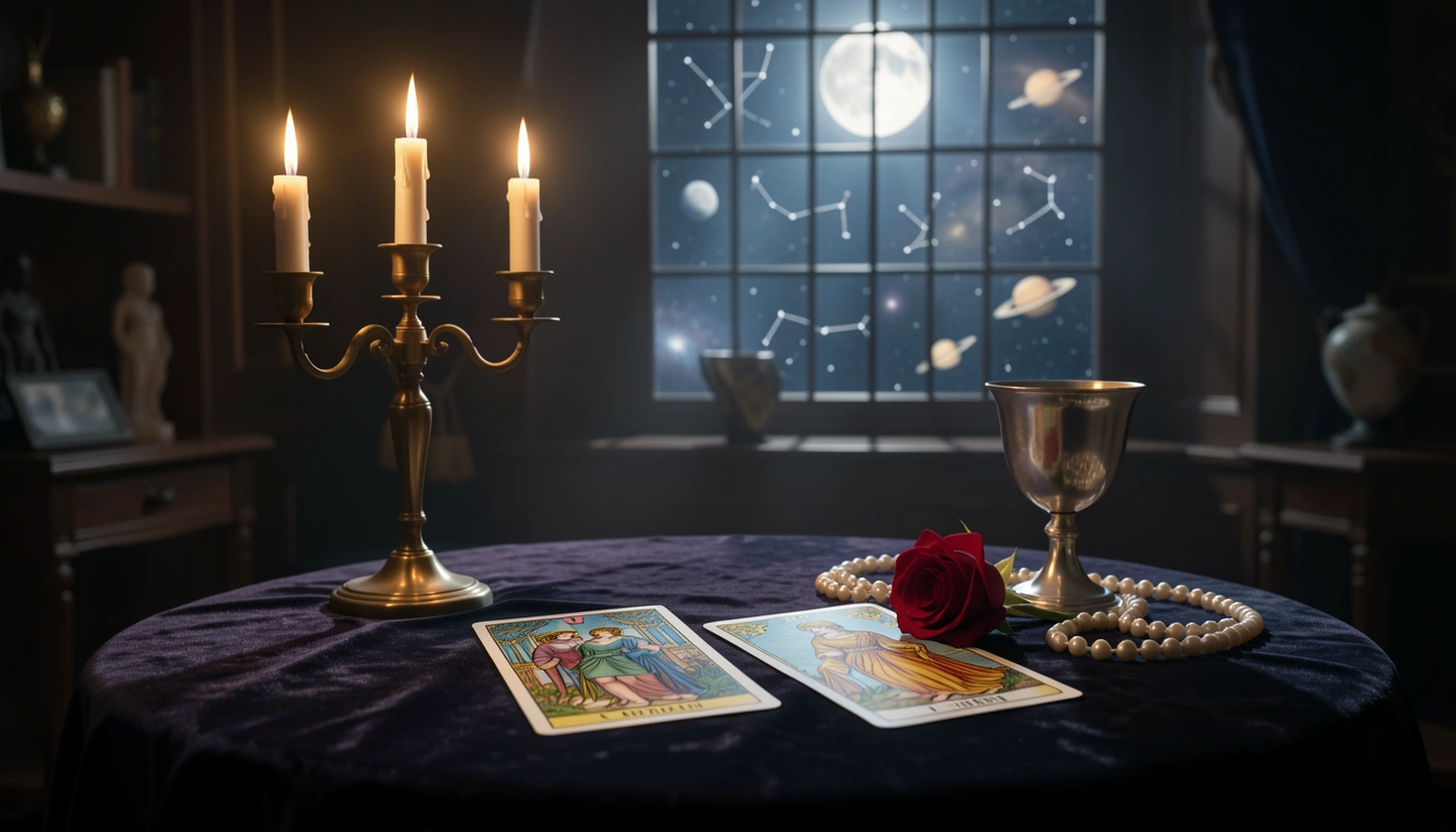 Tarot birth cards The Lovers and The Empress on a candlelit table with rose and moonlight