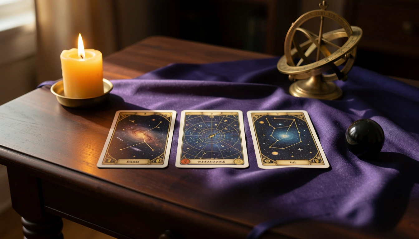 Three face-down cards arranged on indigo silk beside a brass astrolabe under candlelight