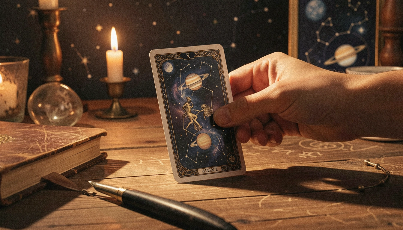 Close-up of a hand turning a tarot card, showing both upright and reversed orientations, with candlelight shadow.