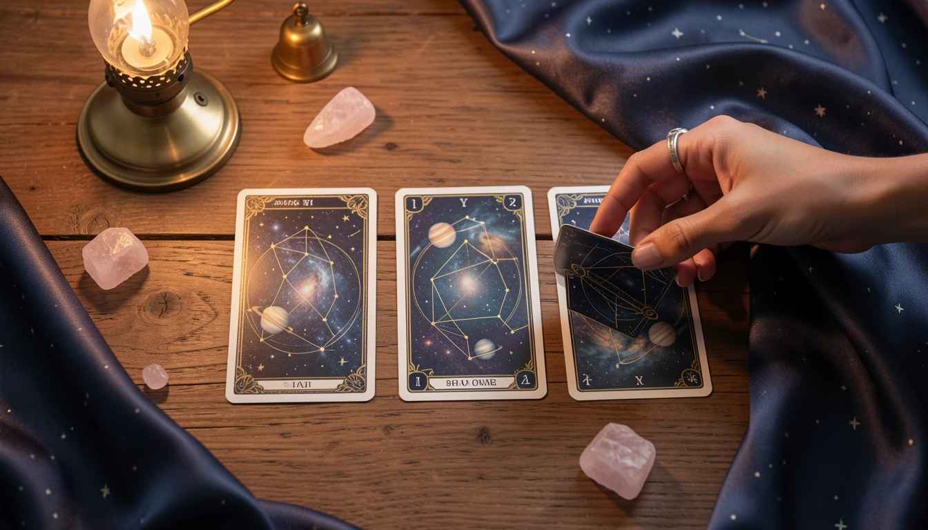 Hand placing a reversed tarot card into a three-card spread on a table with crystals and lamp.