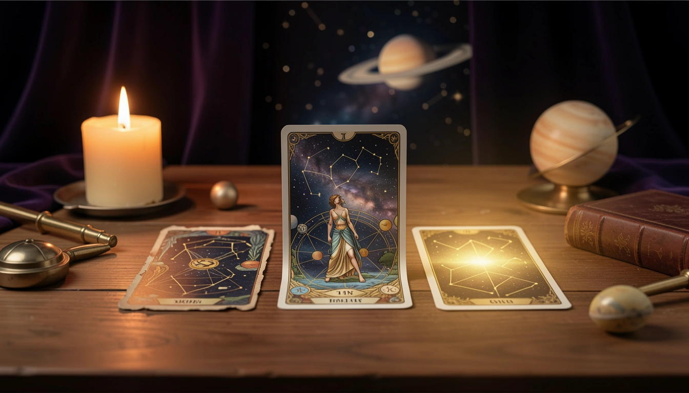 Three tarot cards arranged in a row on a candlelit table representing past, present, and future