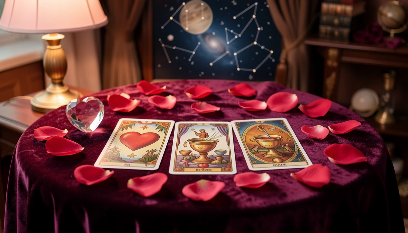 Three tarot cards on a velvet table with rose petals for a love reading
