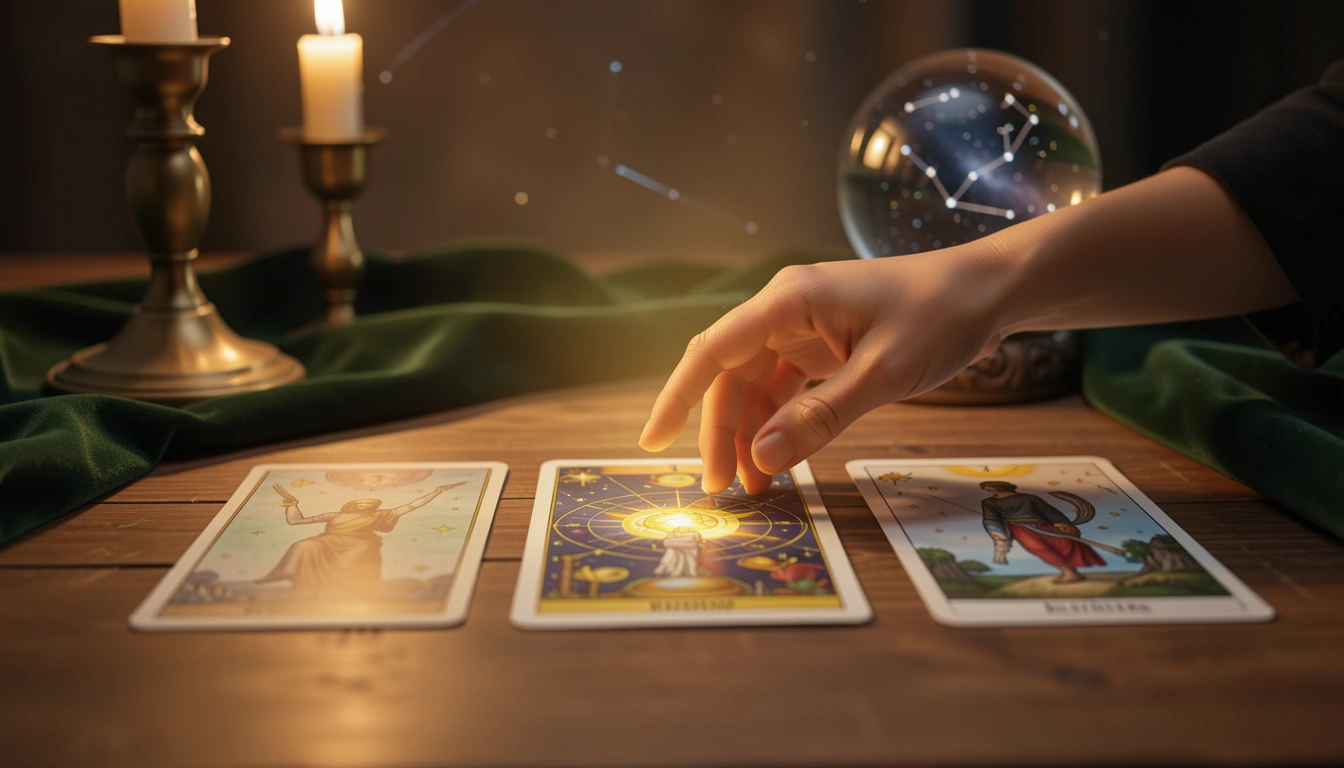Three tarot cards laid out on a wooden table with candlelight, representing past present and future positions.
