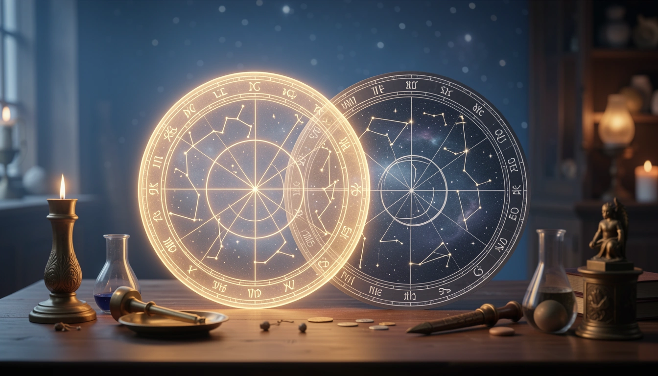Overlapping transit chart and natal chart with transparent layers and glowing aspects