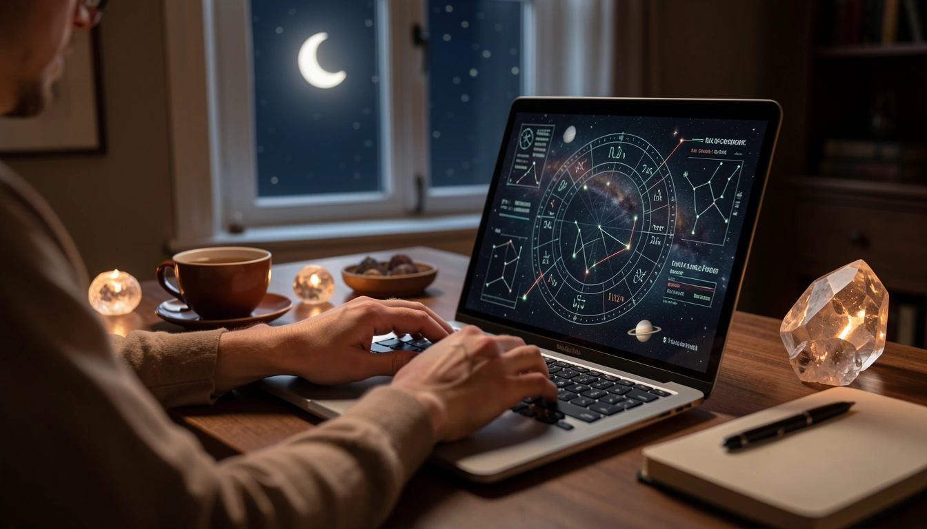 Person typing on laptop with transit chart on screen, desk with crystal and tea, night sky outside