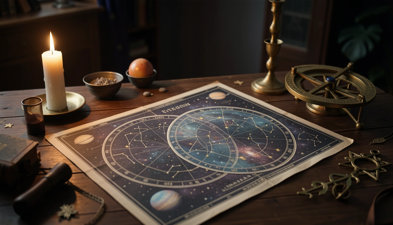 Overlapping natal and transit charts on an antique table with candlelight