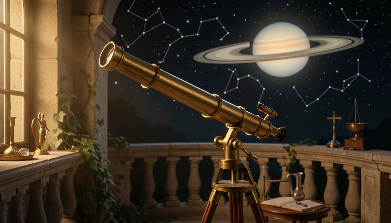 Brass telescope aimed at Saturn and Jupiter in the night sky, observatory setting with warm candlelight