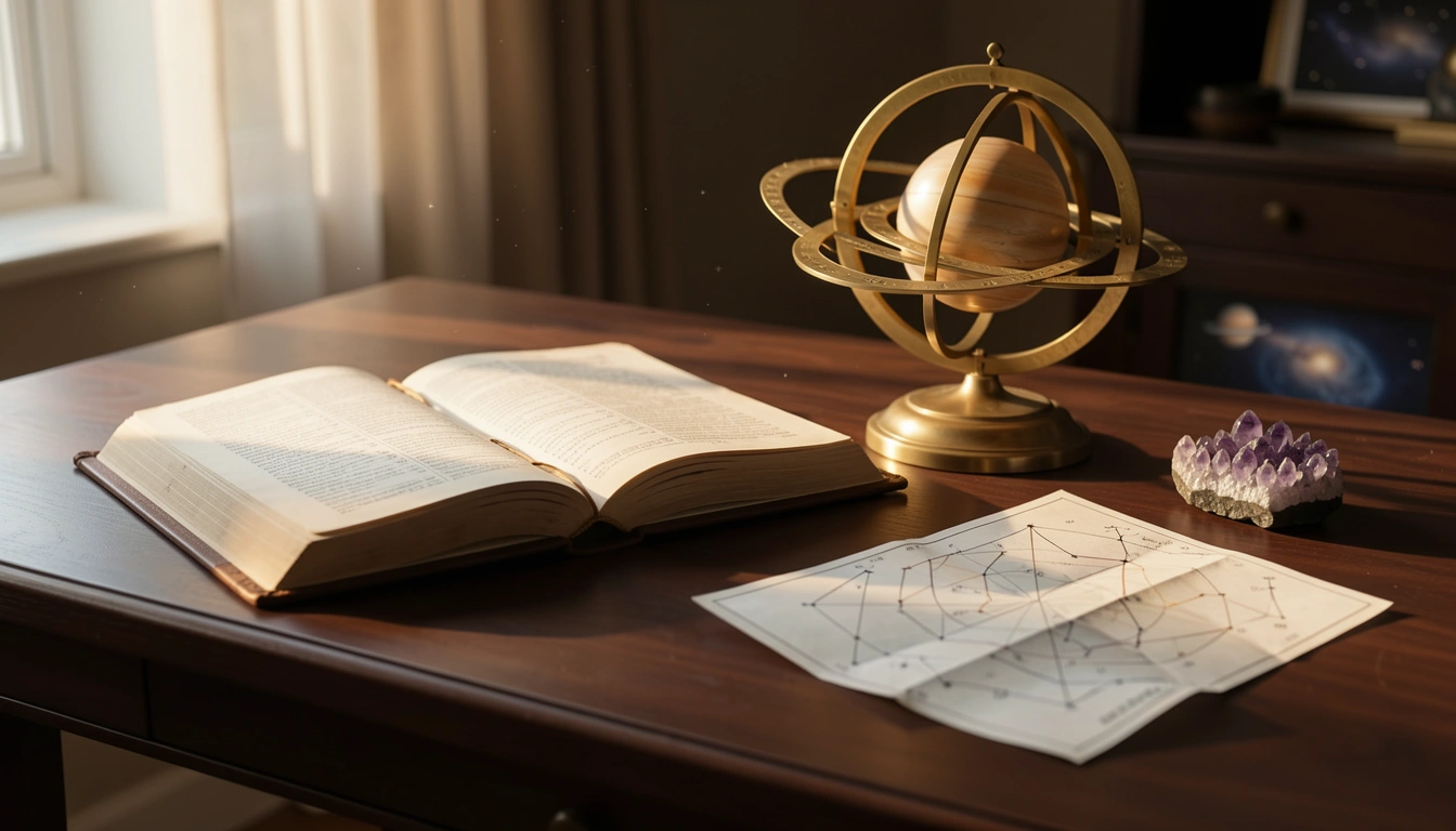 Brass orrery and open astrological almanac on a wooden desk in warm light