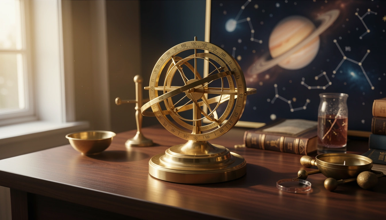 Brass orrery with Uranus ring lit by golden side light