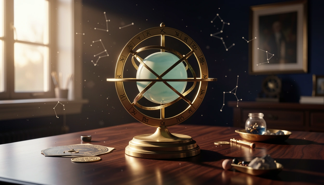 Brass orrery with a pale blue-green Uranus sphere under dramatic side-light
