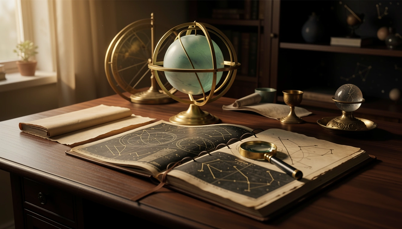 Brass orrery and open star atlas on a wooden desk under warm side-lighting