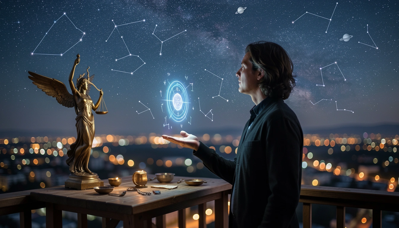 Person in a twilight balcony overlooking a city at night, a holographic Uranus symbol glowing near their hand, stars and constellation patterns in the sky