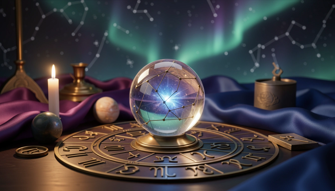 Crystal sphere with zodiac symbols and brass astrological tools