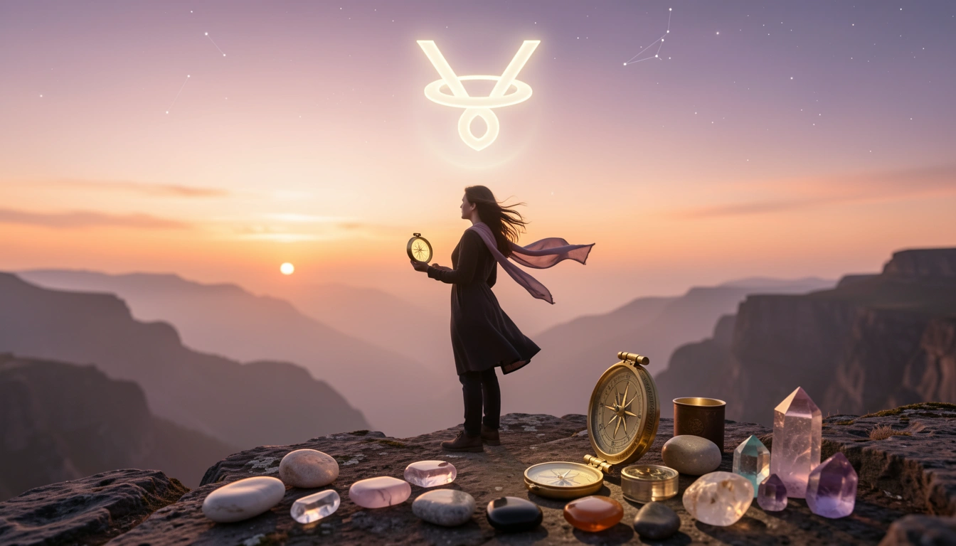A person on a cliff at sunrise with a glowing Uranus symbol in the sky, holding a compass