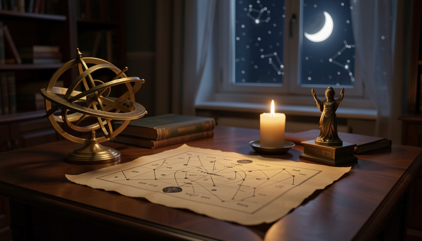 A Vedic birth chart spread on a desk with a brass astrolabe and candlelight, symbolizing the karmic blueprint revealed by the chart.