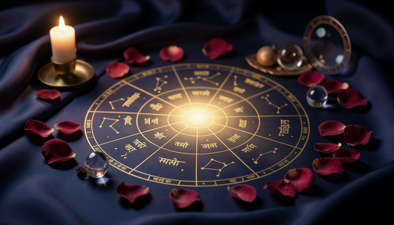 A gold-inked Vedic house chart with 12 sections, shown on a dark background with a crystal sphere and candlelight.