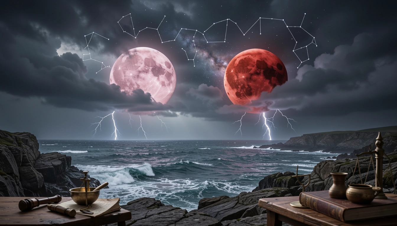Stormy coastline with pink and red planets in square aspect, symbolizing challenging Venus-Mars combinations