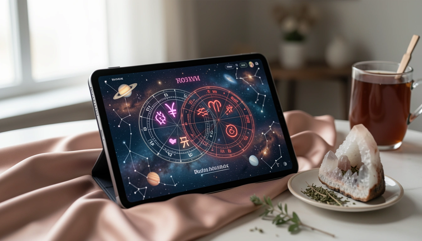 Tablet displaying two overlapping birth chart wheels with Venus and Mars glyphs highlighted in pink and red