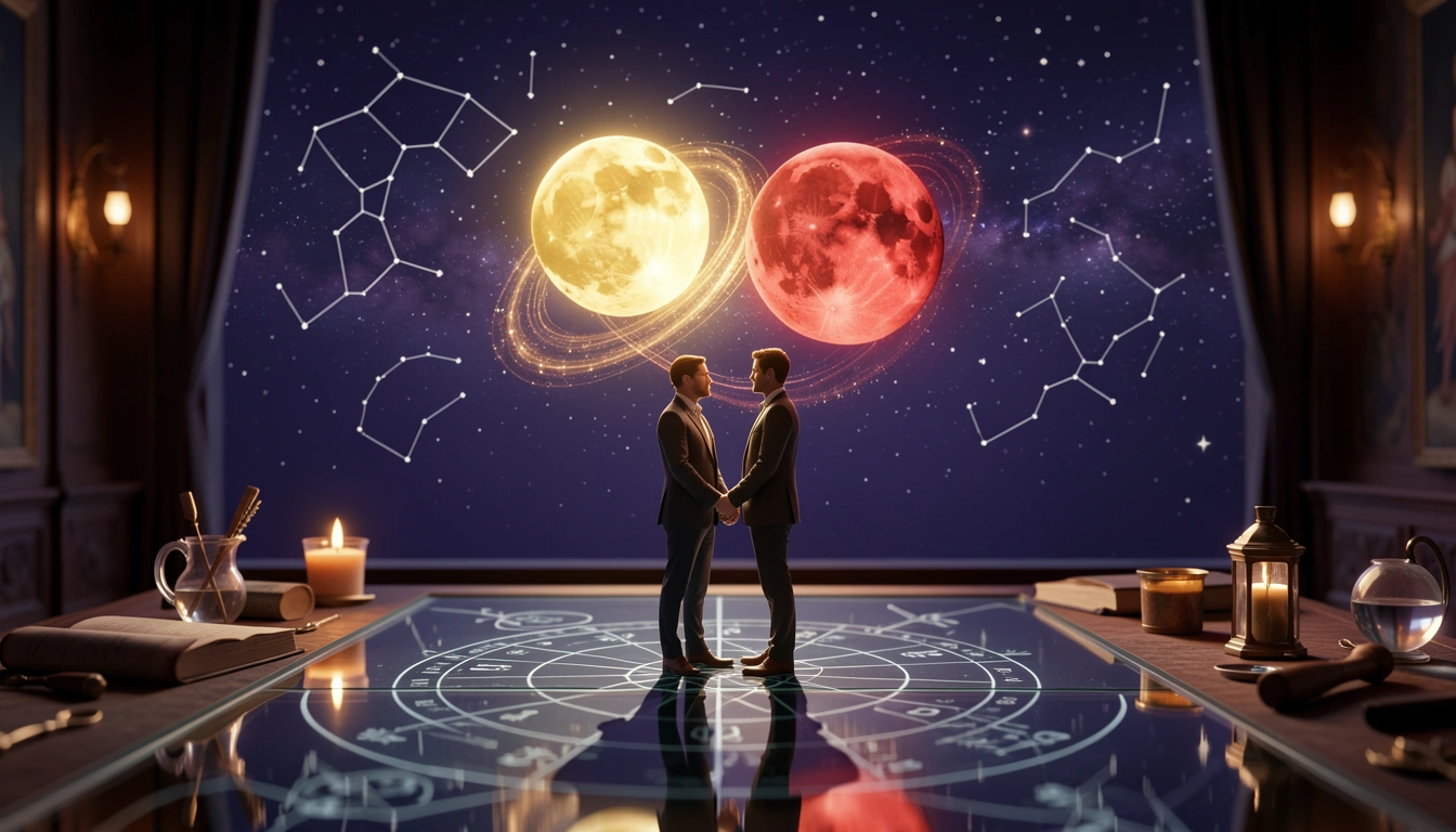 Two glowing planets Venus and Mars spiraling above a couple standing on a reflective surface