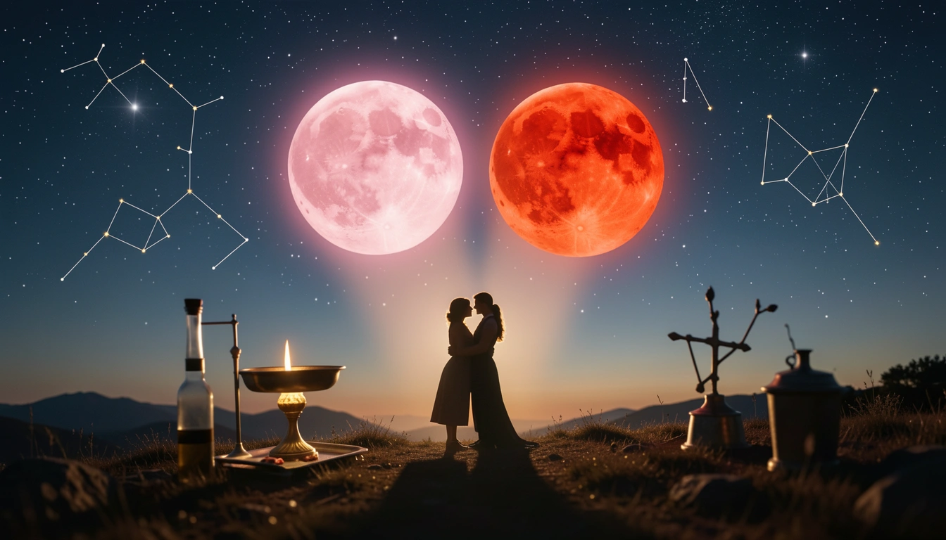 Two planets Venus and Mars glowing in night sky above an embracing couple, representing romantic compatibility