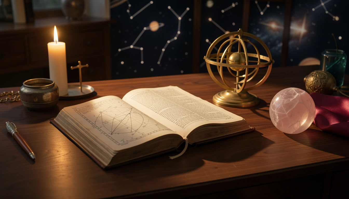 Candlelit desk with brass orrery, rose quartz sphere, and open almanac