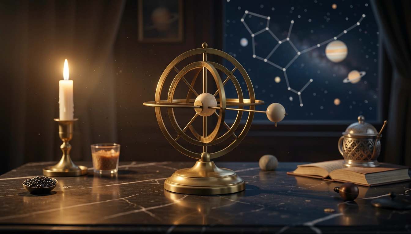 Brass orrery with a small ivory sphere representing Venus on a curved orbital track