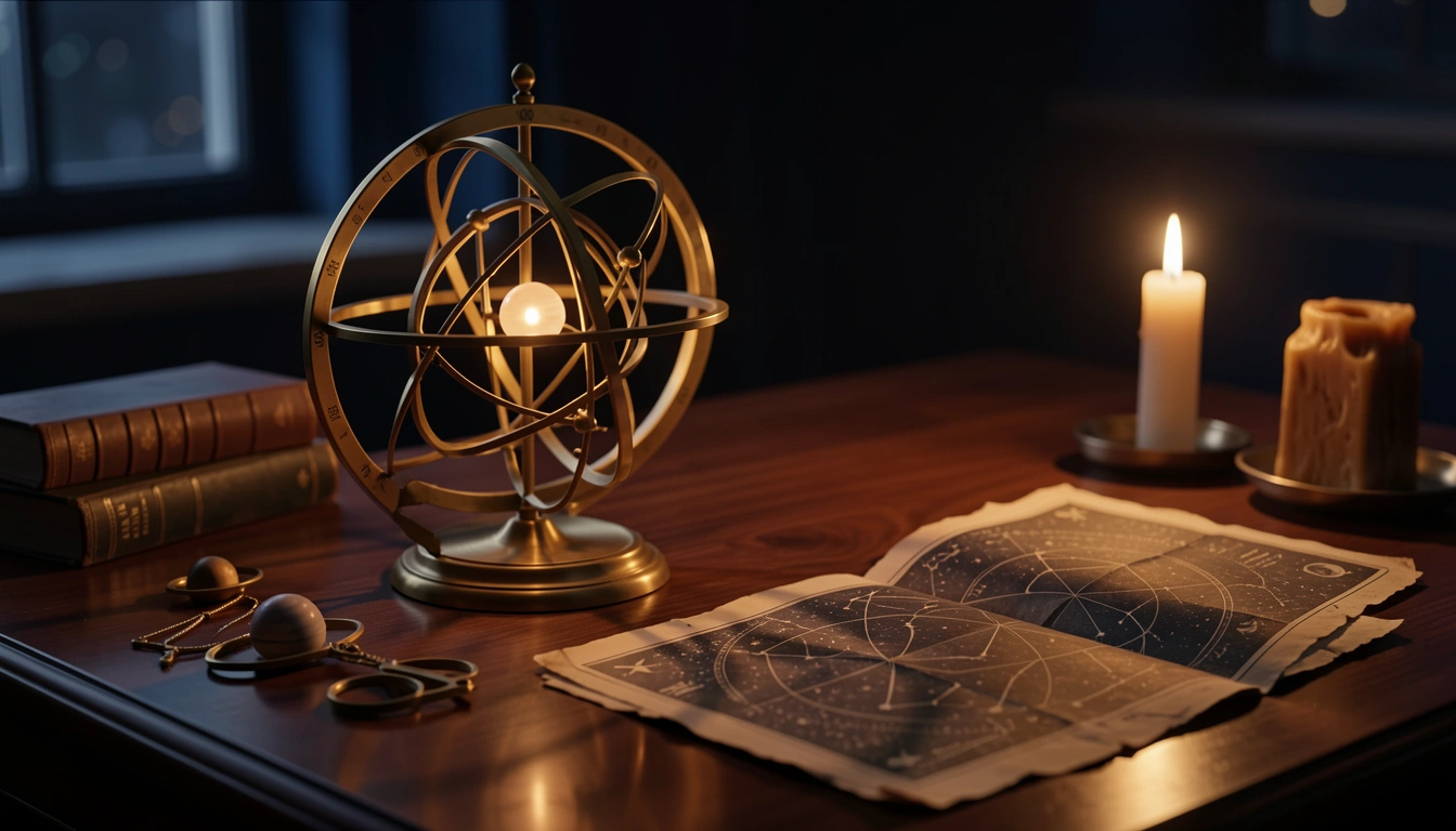 Brass orrery with a glowing Venus bead beside a candlelit star chart