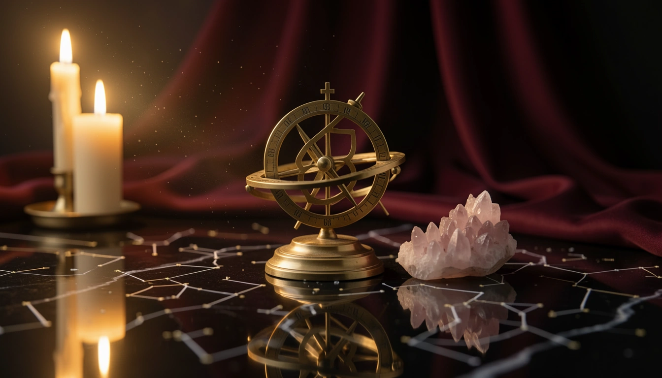 Brass astrolabe and rose quartz on dark stone under candlelight