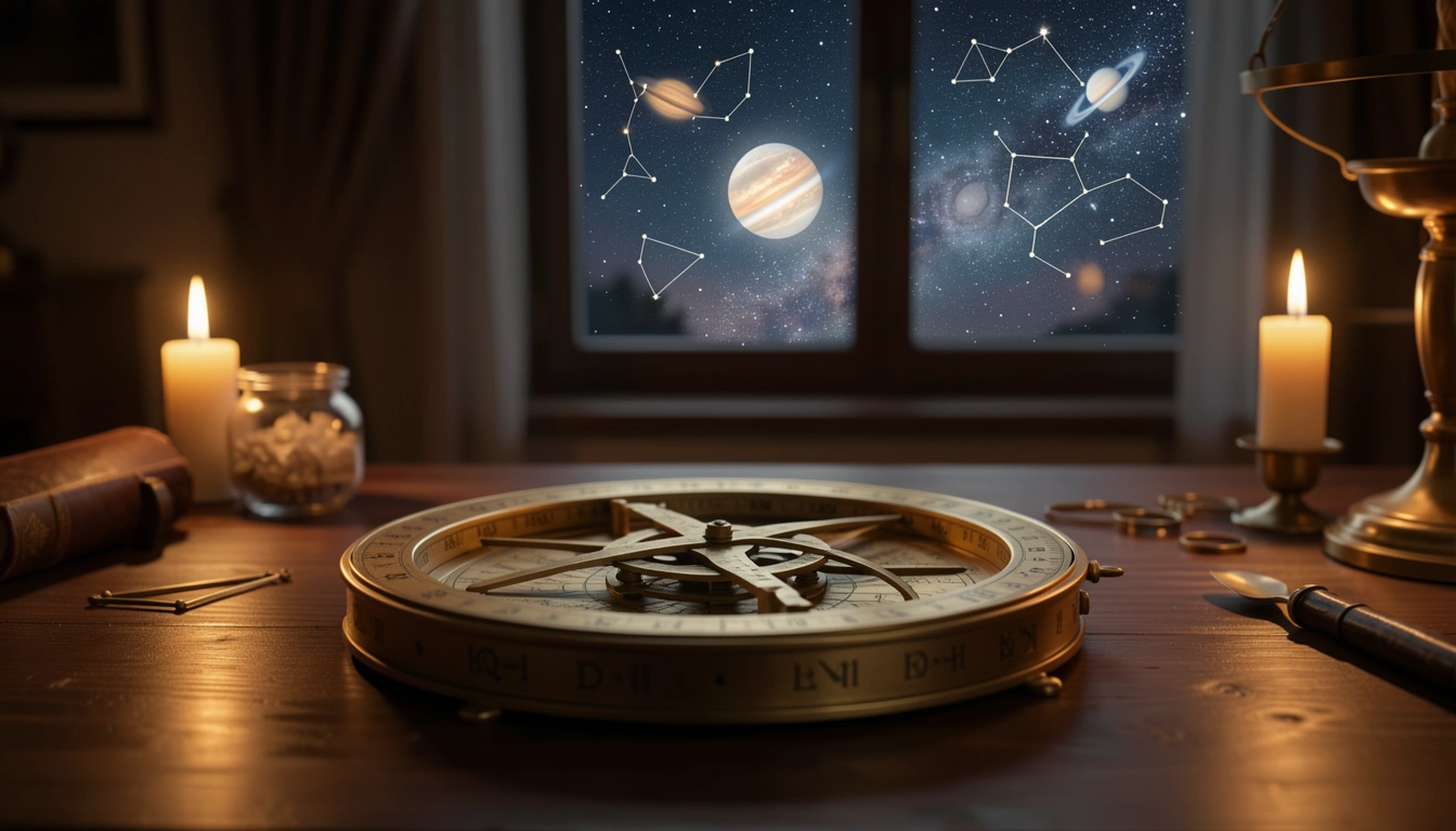 Brass astrolabe on a wooden table under candlelight with Venus shining in the night sky through a window
