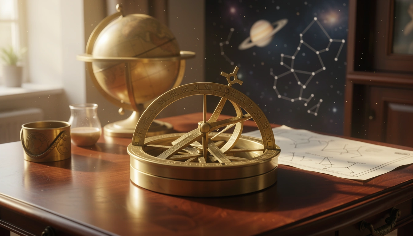 Vintage brass astrolabe on wooden table with celestial globe and star charts in warm golden light.