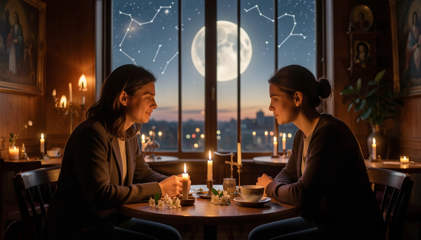 Two people in a candlelit cafe under a twilight sky with Venus as an evening star
