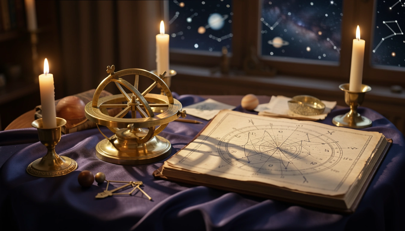 Brass astrolabe and star chart on a candlelit ritual table with indigo silk