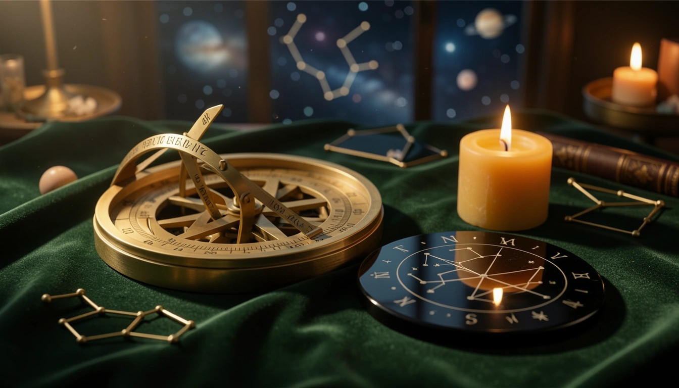 Brass astrolabe and obsidian disc on velvet under candlelight