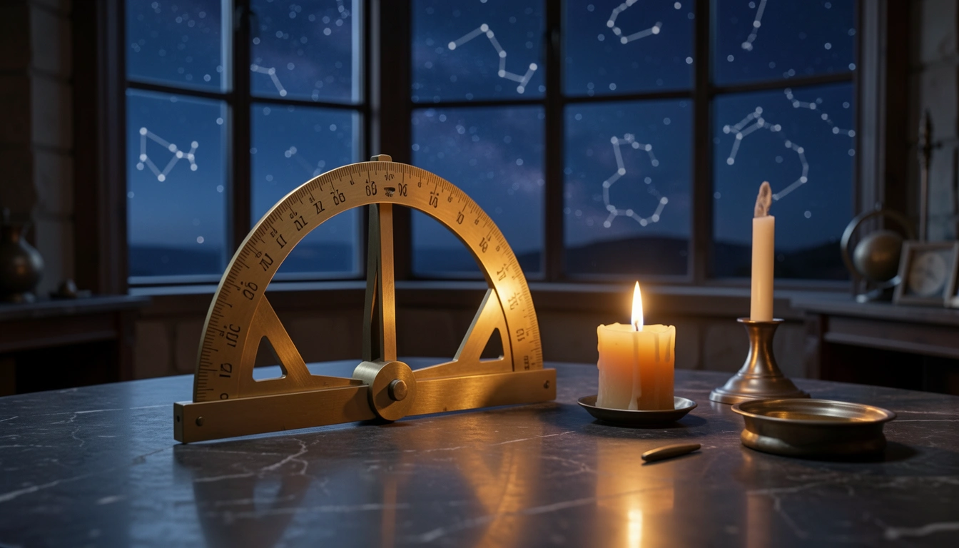 Brass quadrant and candle on stone beside a star-filled observatory window