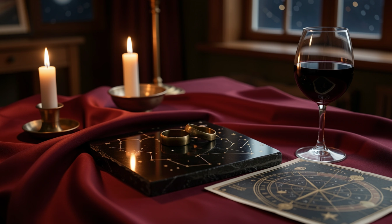 Candlelit table with brass rings and star chart on burgundy silk
