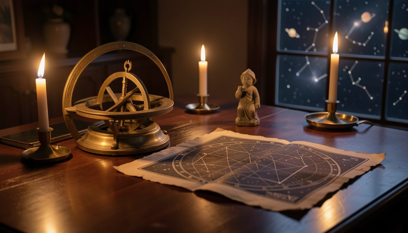 Brass astrolabe and stone flame figure on a candlelit ritual table with an open star chart
