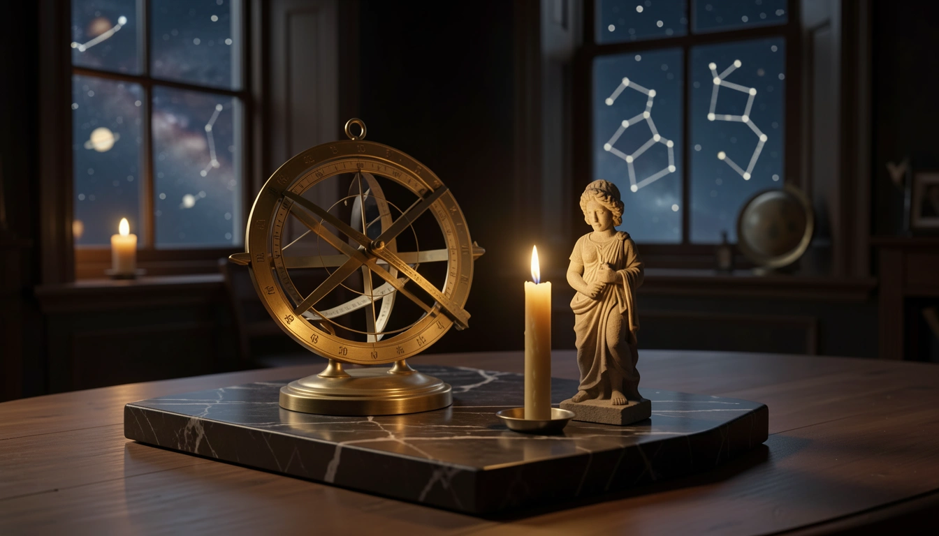 Brass astrolabe and stone figure beside a candle on dark marble