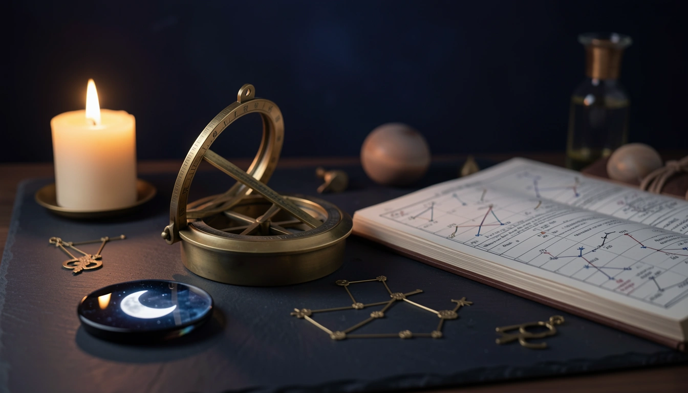 Brass astrolabe and ephemeris pages beside a crescent moon reflection under candlelight