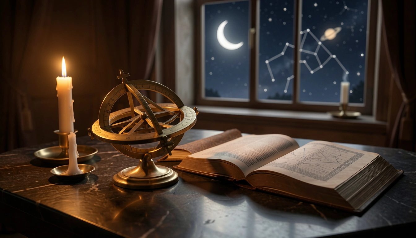 Brass astrolabe and ephemeris book beside candlelight with a crescent moon in the window
