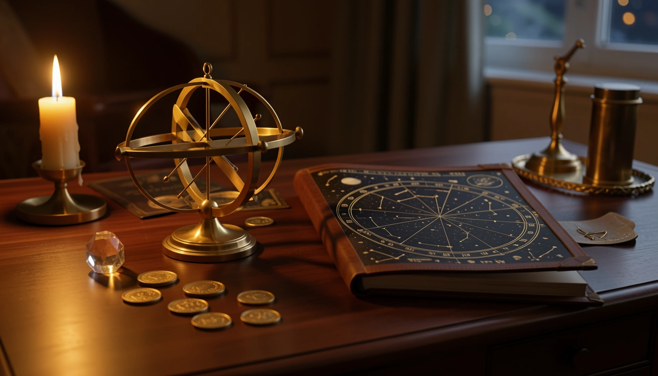 Brass orrery, star chart, gold coins and citrine crystal under candlelight