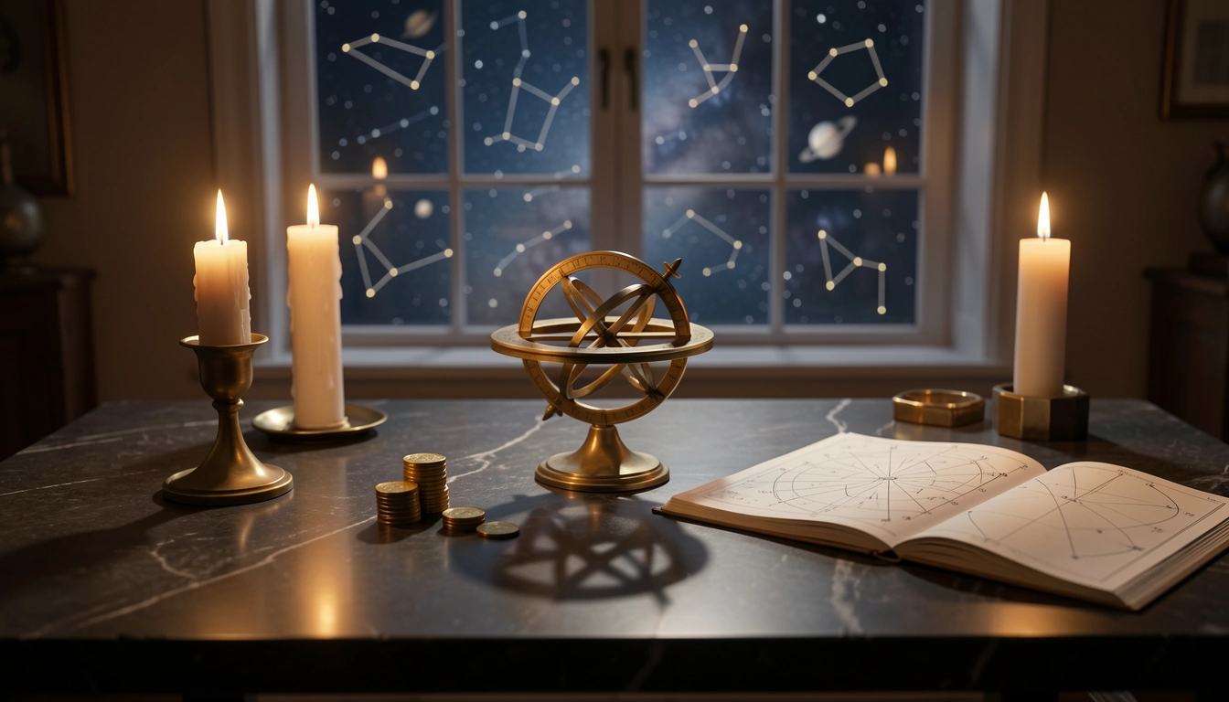 Brass astrolabe and gold coins on a candlelit stone table beneath a night sky