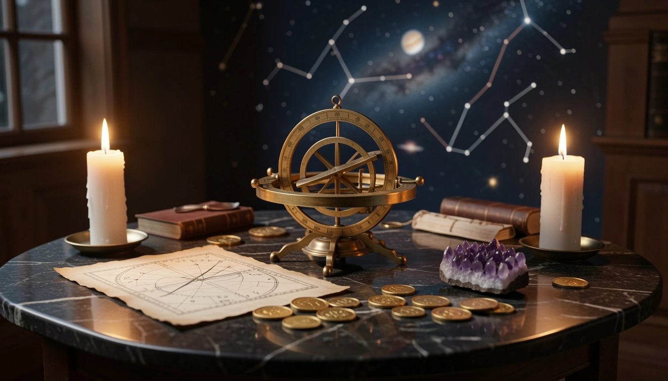 Brass astrolabe and gold coins on a candlelit stone table beside an open star chart