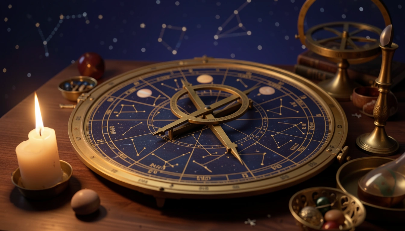 Astrology birth chart wheel with brass astrolabe under candlelight
