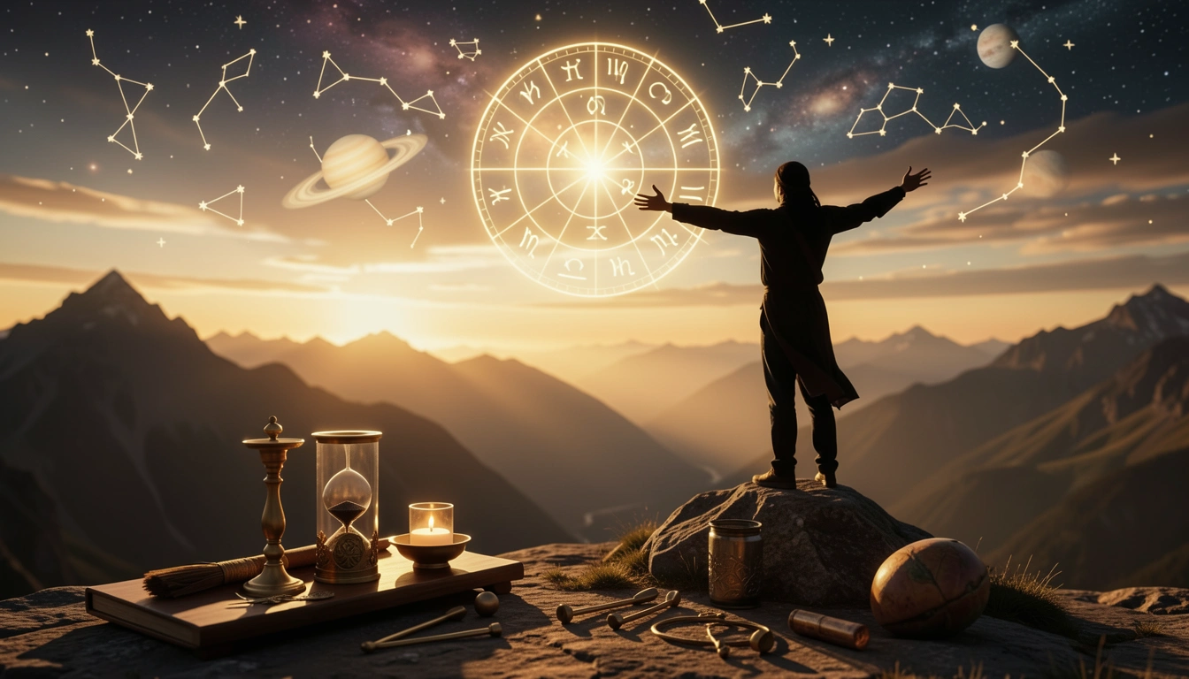Sunrise over mountain with zodiac wheel and silhouette of leader