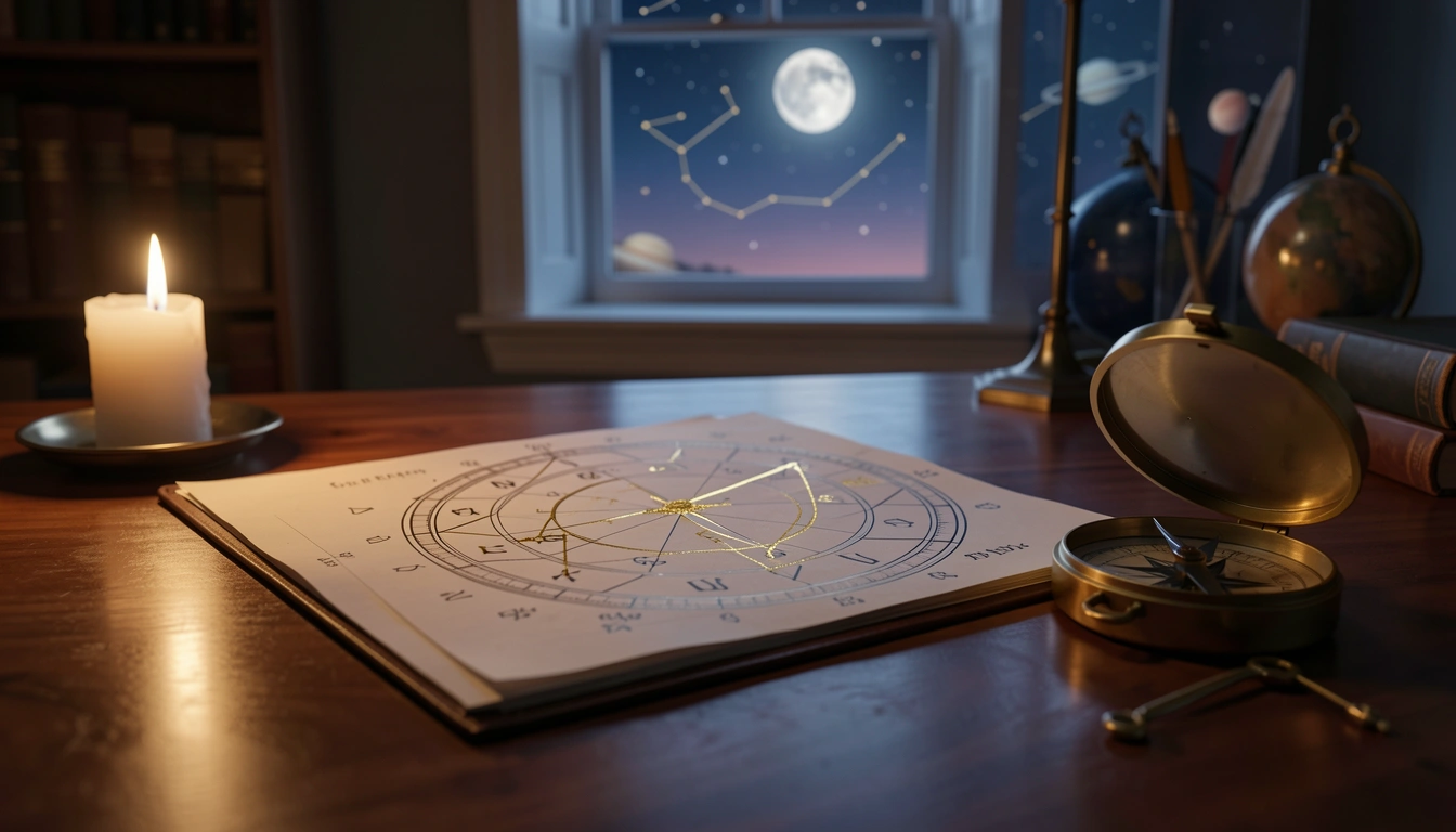 An open birth chart on a wooden desk with a brass compass and candle, highlighting the 6th house in gold ink.