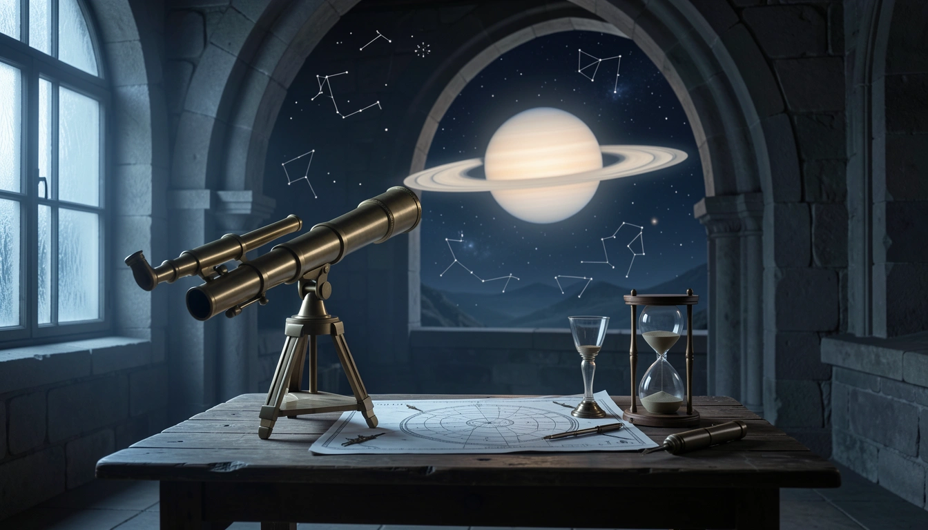 A stone observatory with a brass telescope aimed at Saturn in the night sky, with star charts and an hourglass on a wooden table.