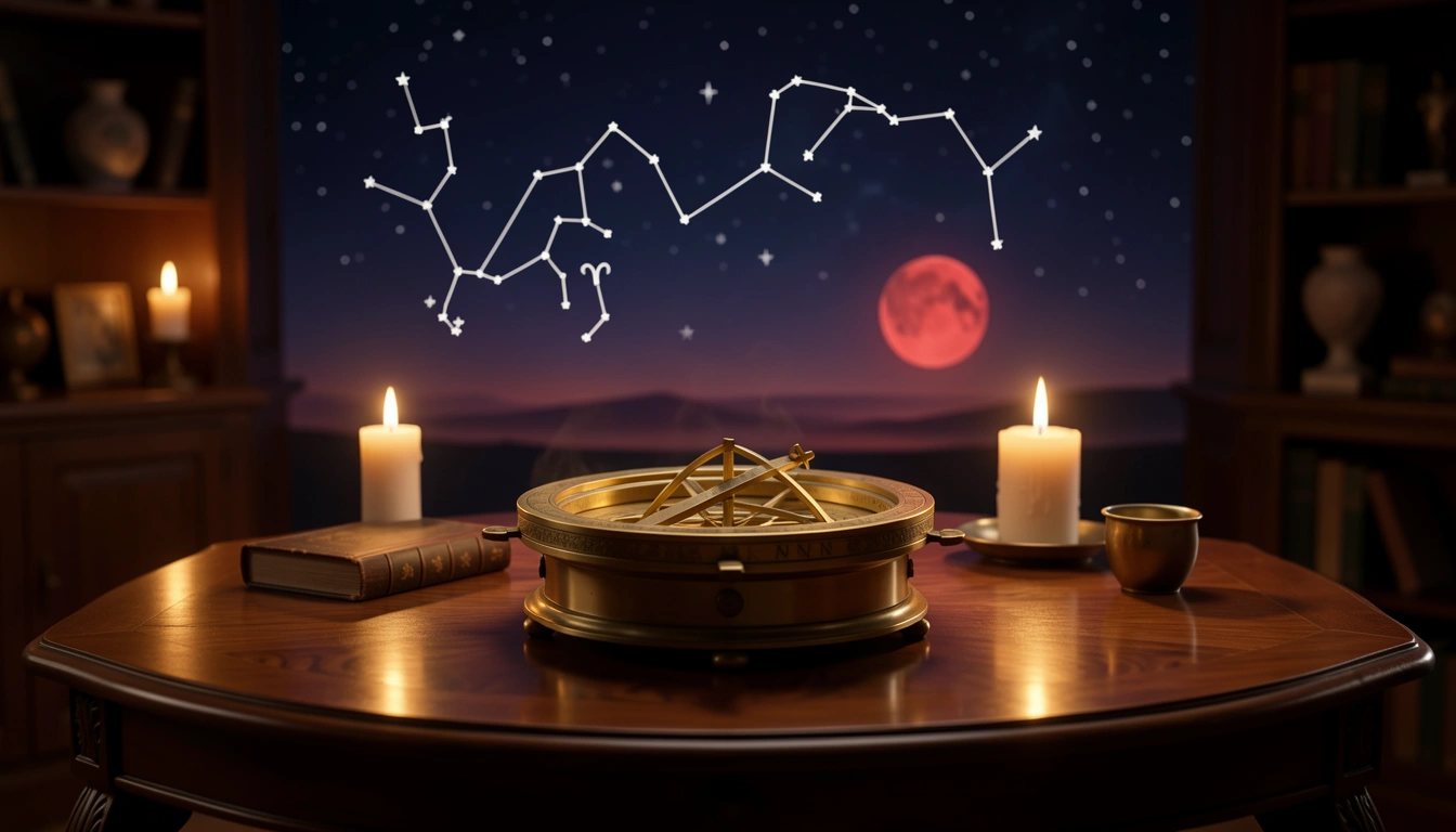Astrolabe on table with Leo and Aries constellations and Mars symbol in night sky