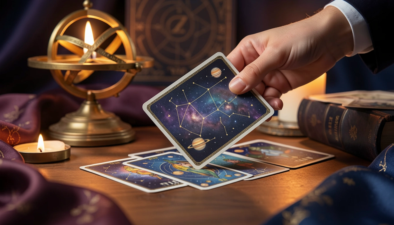 Shuffling tarot cards on a wooden table with candlelight.