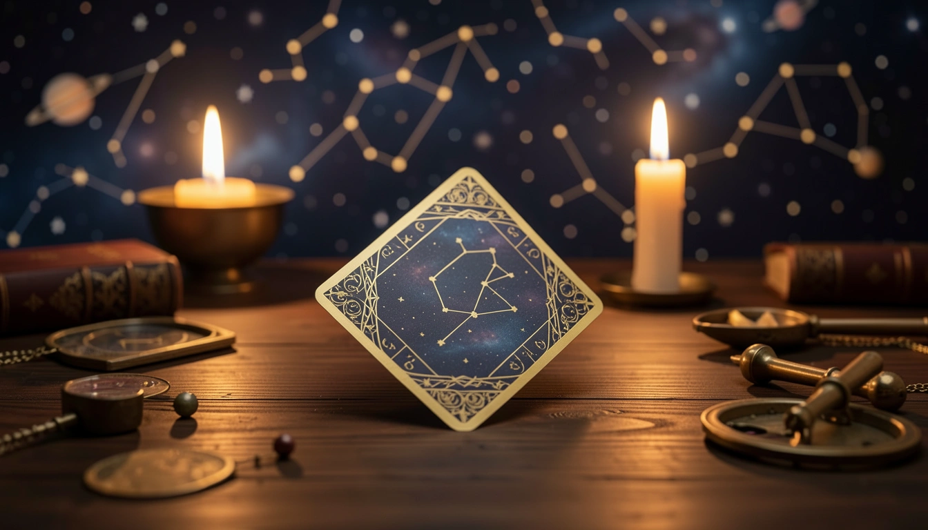 A single tarot card drawn from a deck by candlelight with a starry background