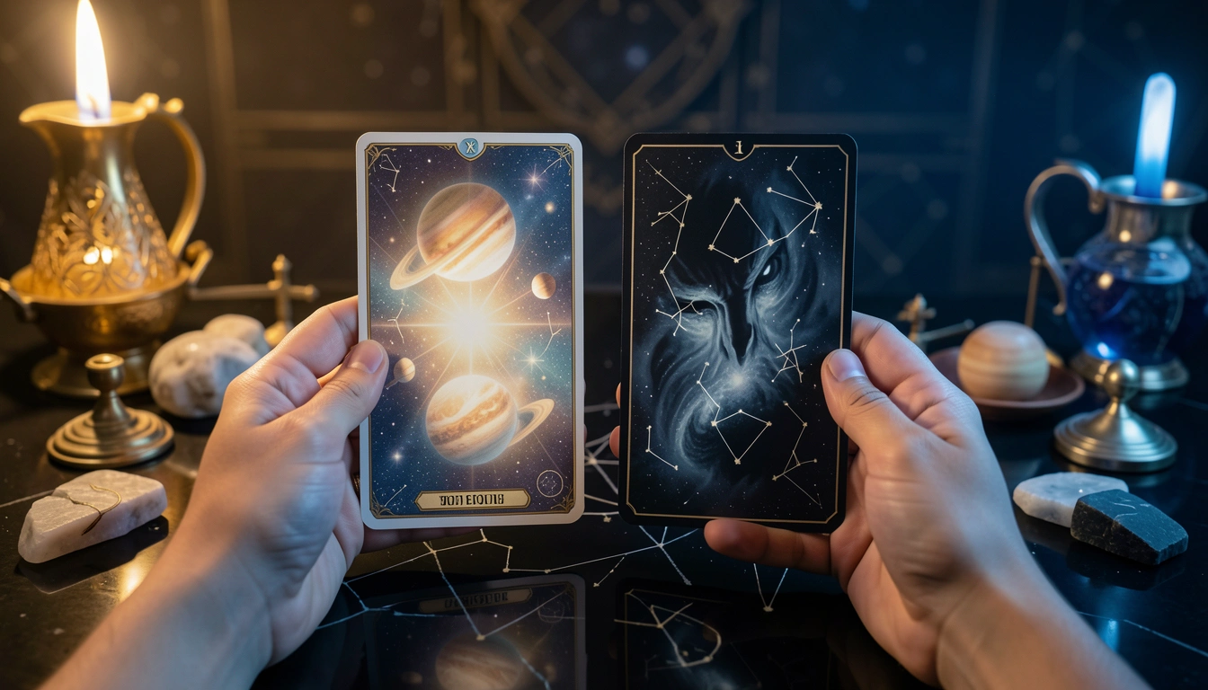 A tarot card shown both upright and reversed with contrasting lighting